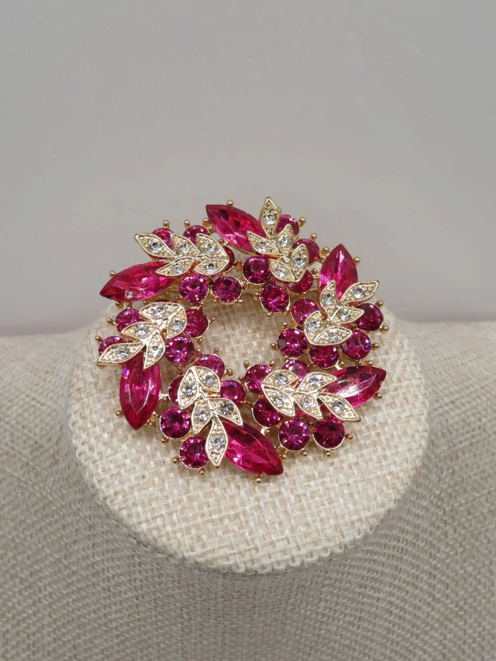 Pink Clear Floral Gold Tone Brooch
